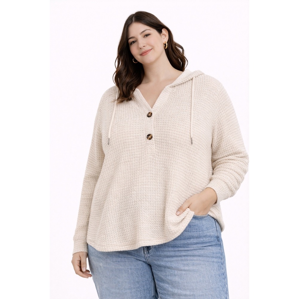 Emery Rose Hoodie Women XL Cream Beige Waffle Knit Henley Button Pullover Boho